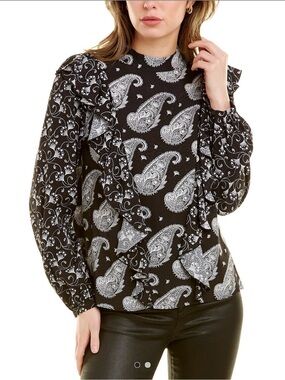 Ted Baker Black Paisley Print Long Sleeve Ruffle Top